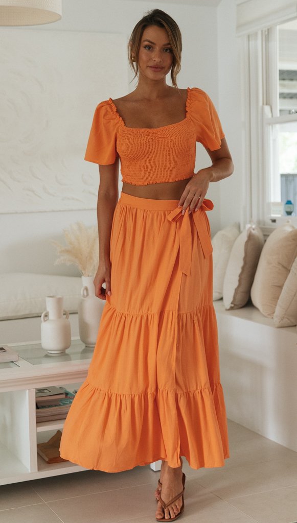 solid color top high-waisted bows long skirt set NSJKW119158