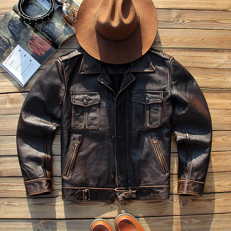 Vento británico chaqueta de cuero hombre retro hecho viejo traje de cuero de vaca corto delgado P37 chaqueta de cuero