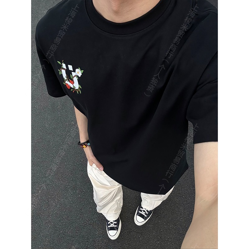カラフルな花柄刺繍Tシャツ メンズ 夏 ヘビーウェイト 半袖 アメリカンハイストリート フロントショルダー|undefined