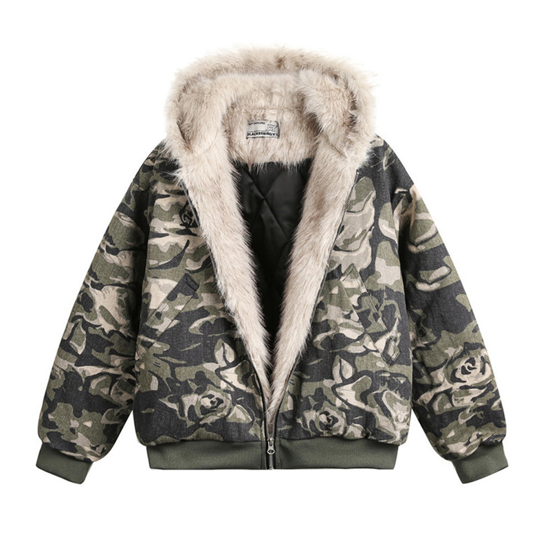 Camouflage Hooded Cotton Jacket Men's Winter Style American High Street Design Loose Padded Plush Thickened Cotton Coat