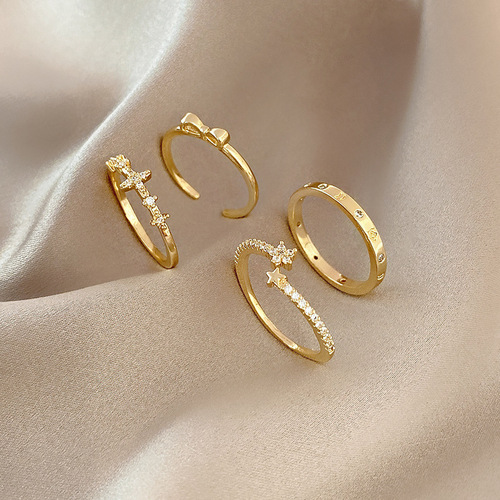 Xiaohongshu Bore Advanced Design Ins Trendy Four-Piece Ring Set, Same as the Famous Internet Celebrity, Simple and Elegant Index Finger Ring 