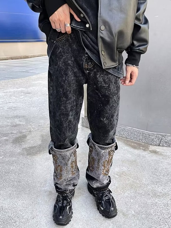 2023 new American style high-style stitching two-color jeans men's and women's fashion brand Western retro tie-dyed casual trousers