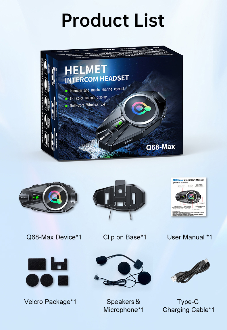 Q68Max Cross-Border Popular Helmet Bluetooth Headset with Mixed Sound Music Sharing, Full-Color Screen, Fm Intercom Helmet Headset
