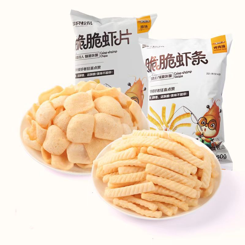 One piece of three squirrels crisp shrimp strips 60g barbecue flavor puffed snack leisure office original shrimp chips