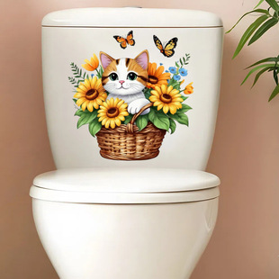 Temu Cross-Border Cat Butterfly Flower Basket Toilet Sticker Wall Sticker Bathroom Toilet Seat Decoration Self-Adhesive Waterproof Toilet Sticker