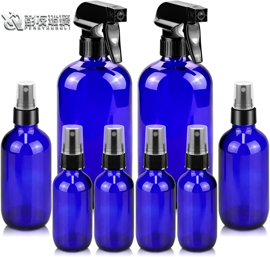 现货蓝色波士顿瓶500m避光l玻璃瓶洗发水瓶分装瓶蓝色波士顿瓶