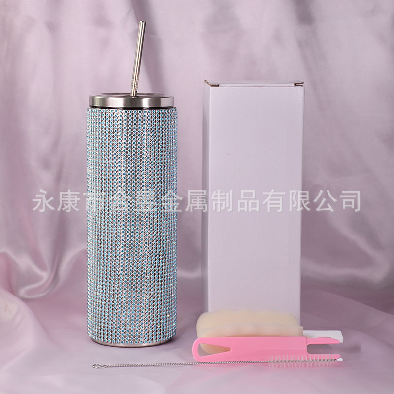 20oz Comercio exterior moda nuevo diamante paja 304 Acero inoxidable recta taza de vacío completo diamante taza de café