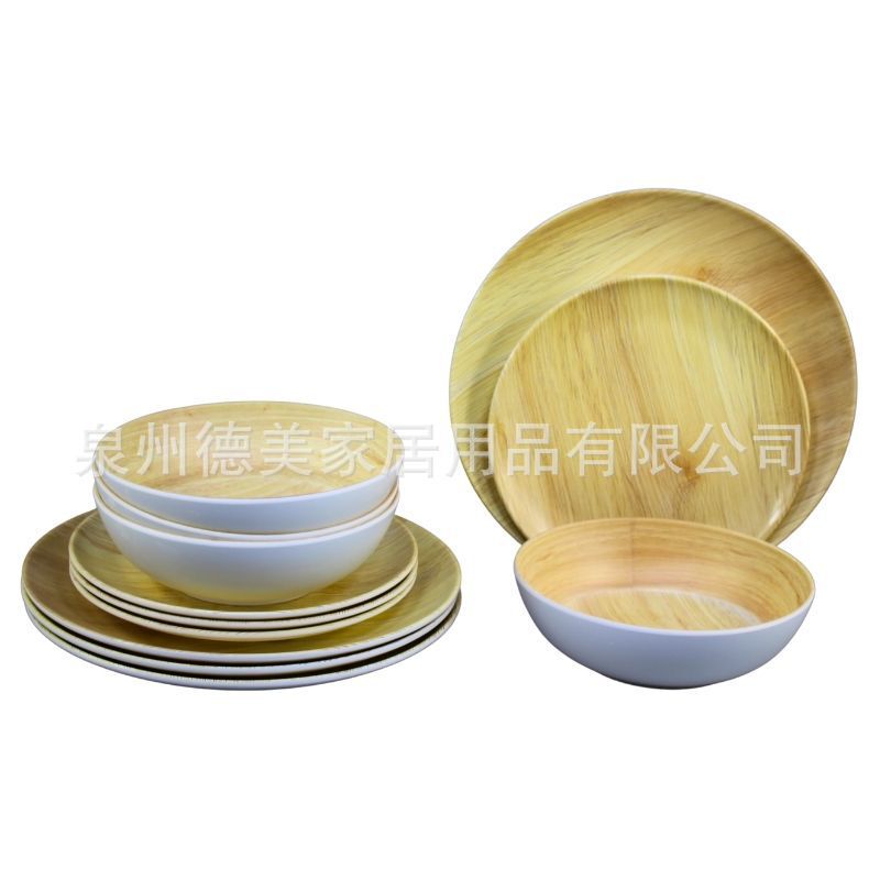 Wood Grain 12-Piece Melamine Tableware Matte Surface A1 Melamine Plate and Bowl Set Melamine Dinner Set Wood Grain 12-Piece Melamine Tableware Matte Surface A1 Melamine Plate and Bowl Set Melamine Dinner Set