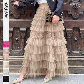 跨境新款女装高级感夏气质英伦网纱蛋糕裙蓬蓬裙纯色a字半身长裙