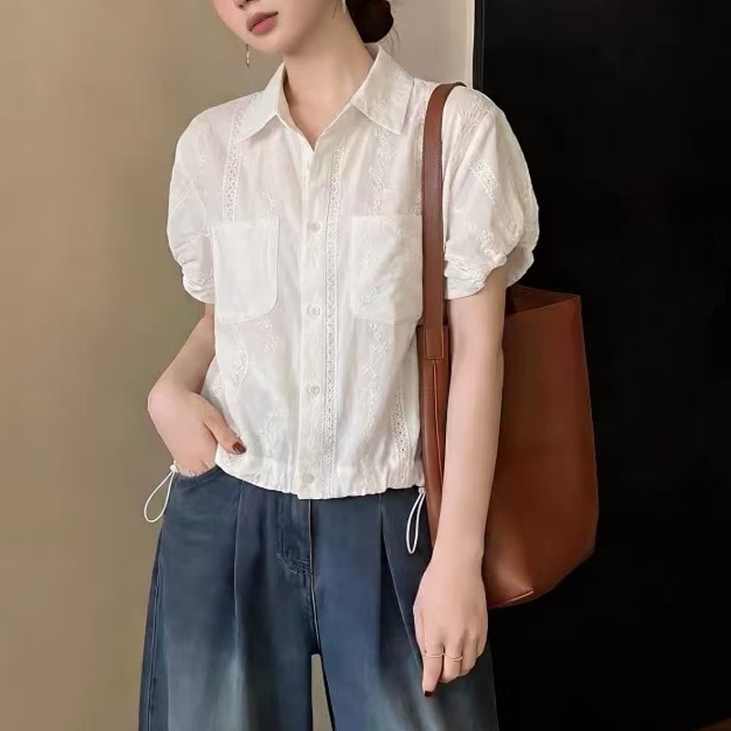 Puff Sleeve Short-Sleeve Shirt for Women, 2026 Summer New Style, Plus Size, Age-Reducing Blouse with Drawstring Hem