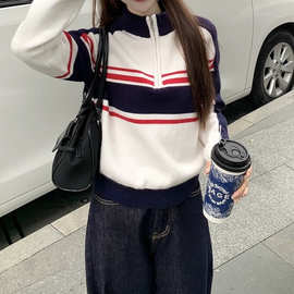 韩系复古撞色半拉链休闲运动针织毛衣女秋冬拼接慵懒风条纹上衣潮