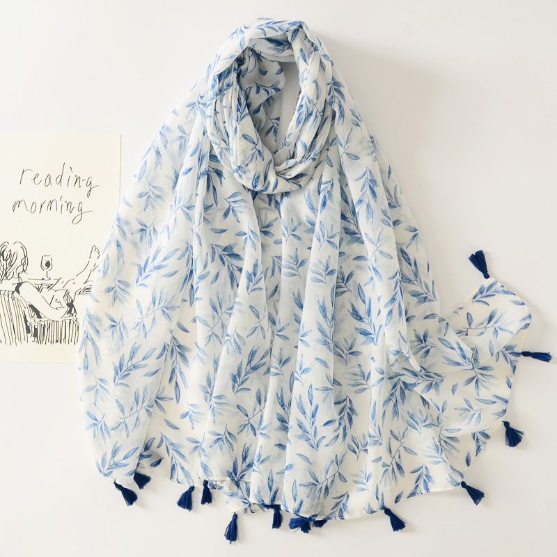 Primavera y verano hojas verdes frescas elegante algodón y lino sensación bufanda viajes al aire libre decorativo chal largo borla bufanda