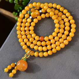 新款天然俄料鸡油黄老花蜡蜜蜡三圈手串满蜜妖花老蜜蜡配蜜蜡