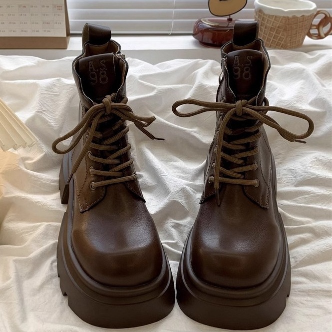 Cross-Border Brown Retro Melad Boots for Women 2024 Autumn and Winter New British Style Small Heightening Thick Soles