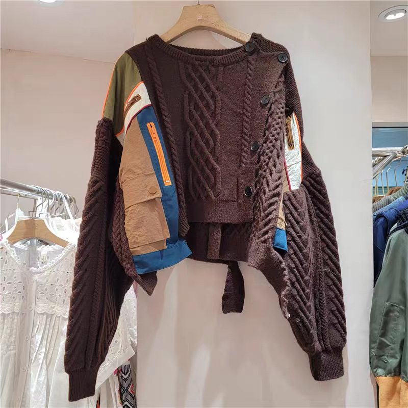 Nicho sensación de diseño irregular color contrastante empalme suéter de punto retro multi-botón chaqueta otoño invierno nuevo