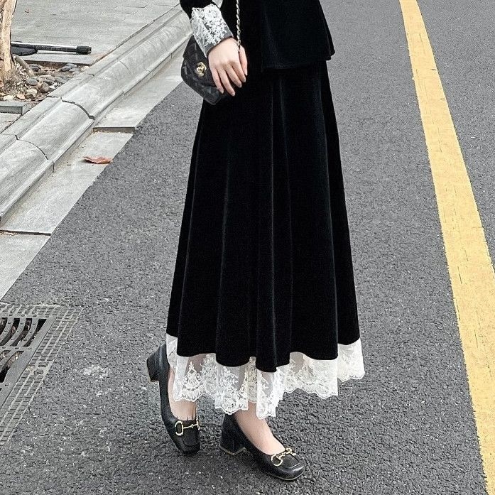 黑色丝绒连衣裙套装女2025秋季新款收腰上衣蕾丝拼接半身裙两件套|undefined