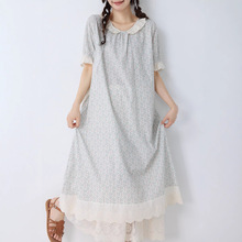 2025夏季新款日系甜美棉麻碎花长裙女宽松森系侧边系绳大摆连衣裙