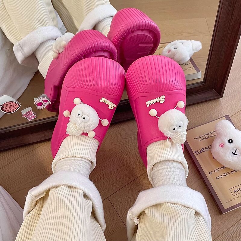 Cute Cartoon Bag Heel Cotton Slippers for Women, Autumn and Winter New Outer Wear Fleece-Lined Warm Anti-Slip Thick Sole Heightening Snow Boots