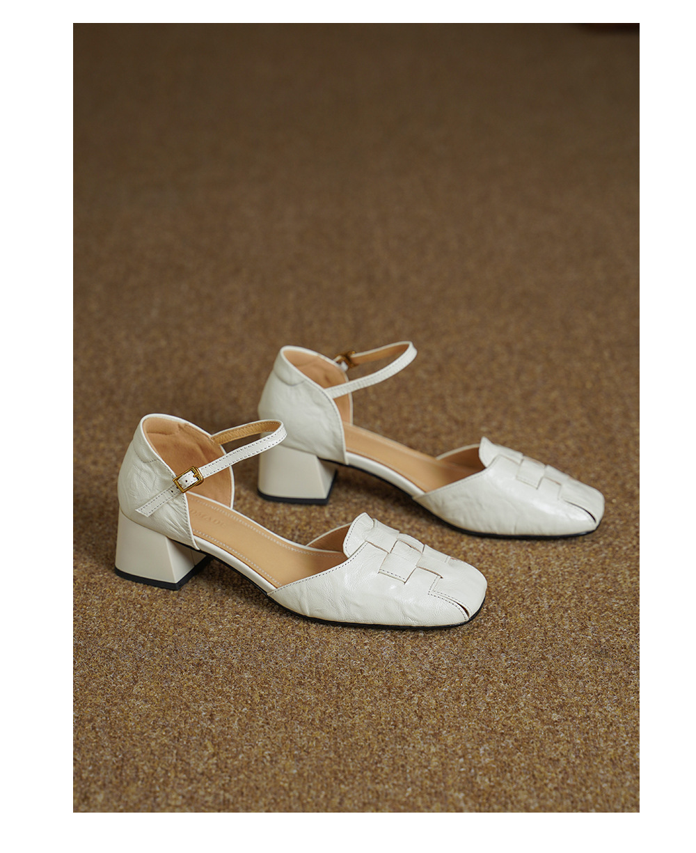 Sandal nữ da dê bện mũi kín quai ngang gót vuông trung bình — đen chi tiết 15