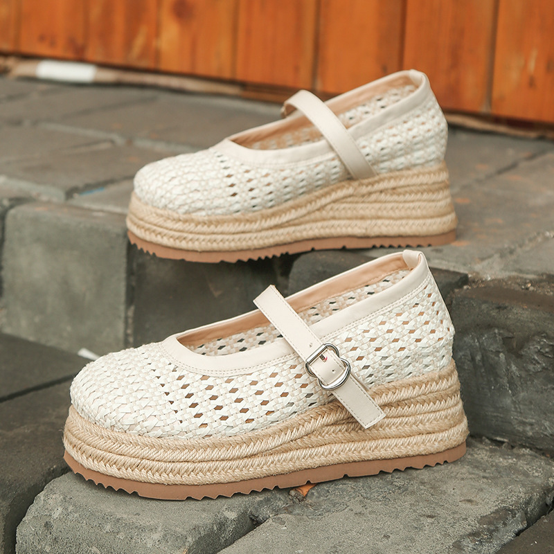 Thick-Soled Fisherman's Shoes for Women 2025 Summer One-Line Platform Shoes Woven Inner Heightening Clogs Fleece-Lined Flats for Women