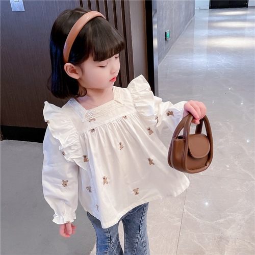 Girls shirt suit new children's square collar lace embroidered bear shirt Korean style children's clothing trendy HH119