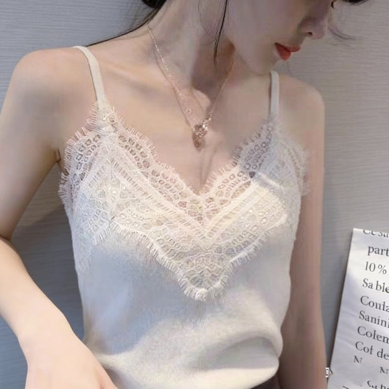 Ice Silk Knitted Lace Trim Camisole for Women, Summer Sexy Eyelash Edge Backless Floral Tank Top, Stretchy Base Shirt Ice Silk Knitted Lace Trim Camisole for Women, Summer Sexy Eyelash Edge Backless Floral Tank Top, Stretchy Base Shirt