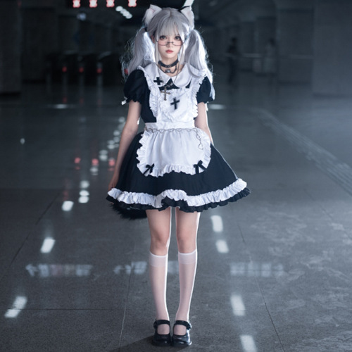 Halloween Cross Maid Costume Classic Black and White Lolita COS Sweetheart Nurse Maid Uniform Suit Large Size