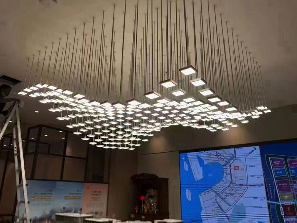 大堂宴会厅创意组合工程吊灯酒店售楼部波浪流水造型LED方块吊灯-阿里巴巴