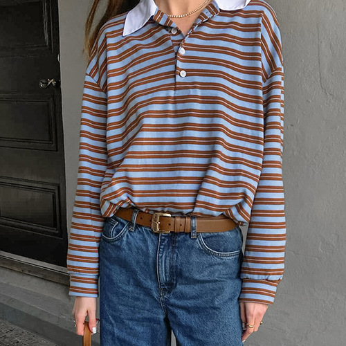 American cool spicy top, niche color-block striped loose T-shirt, 2024 Western autumn fashion new retro long-sleeve