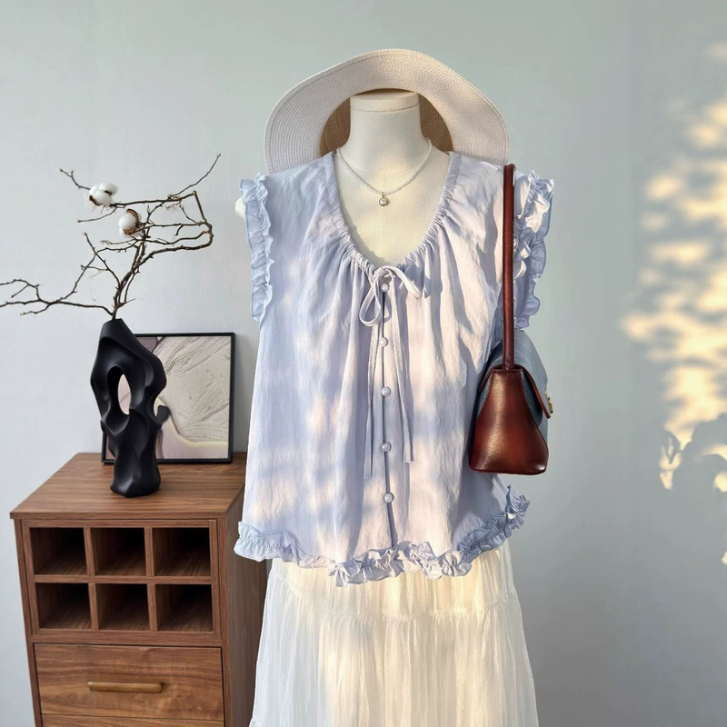 Japanese-Style Blue Sleeveless Shirt for Women, Summer Pure and Youthful Look, Ruffled Edge, Small Flutter Sleeve Tank Top, Doll Shirt