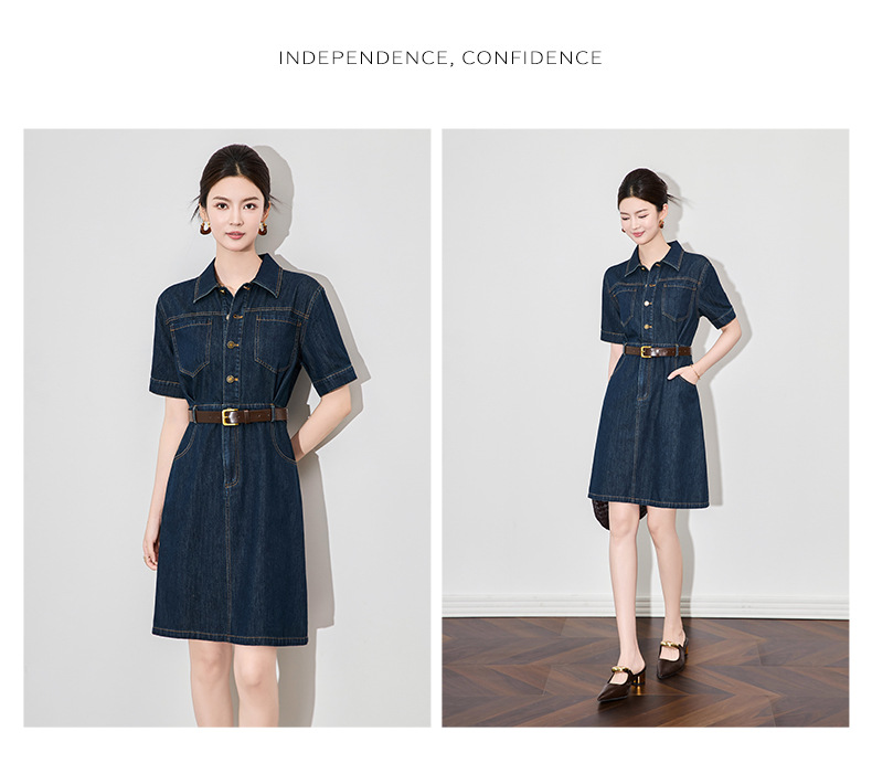 Váy denim nữ cổ ve phong cách Pháp retro Hồng Kông — Màu xanh lam chi tiết 8