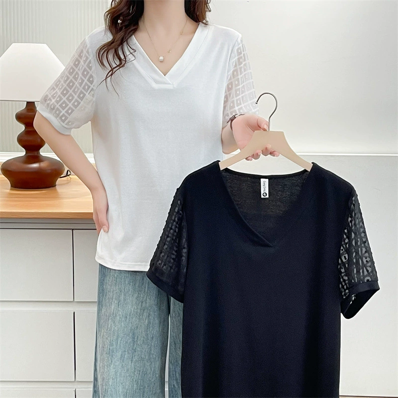 Женская хлопковая рубашка больших размеров из шифона с короткими рукавами и v-образным вырезом, лето 2025, простая универсальная футболка для похудения, 2536