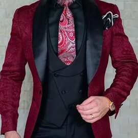 新款男士三件套套装西服翻领拼色印花西服宴会聚会非洲跨境西装