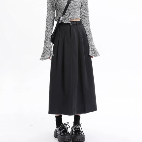 Women's Autumn/Winter Grey Wool Blazer Skirt Large Size Fat Mm High-Waisted Hip-Hiding Slimming A-Line Medium-Length Pleated Umbrella Skirt