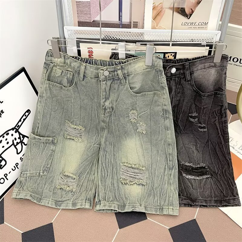 Men's Trendy Distressed Denim Shorts Summer Loose Fitting Washed Five Quarter Length Pants Street Style Trousers_mkmklike.com