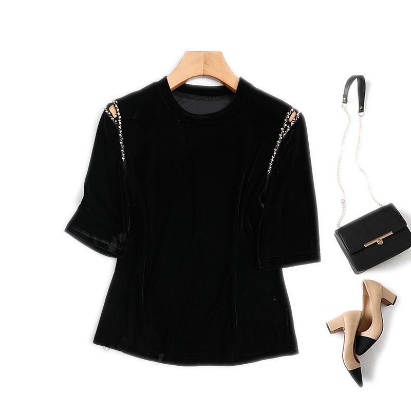 Wholesale new round neck stitching gold velvet heavy diamond sleeve European goods light luxury plus size T-shirt solid color slim fit