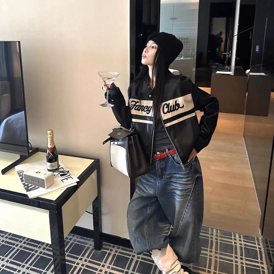 In-Stock Vintage Embroidered Leather Jacket Women's 2026 New Autumn Casual Jacket for Plus-Size Women to Cover and Slimming Top