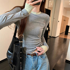 撞色拼接假两件T恤女打底衫美式辣妹设计感长袖上衣2025春秋内搭