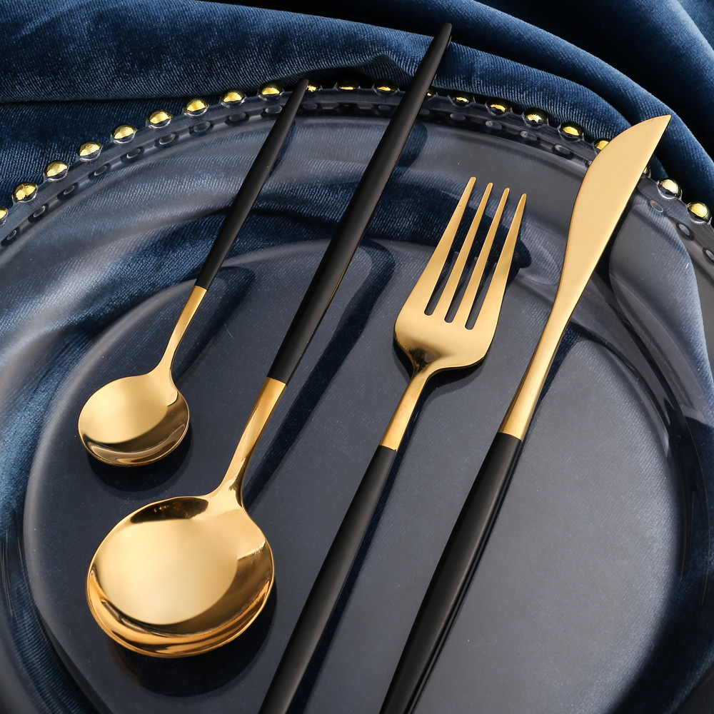 Y stainless steel knife, fork and spoon four piece set bright gold plated Portuguese knife, fork