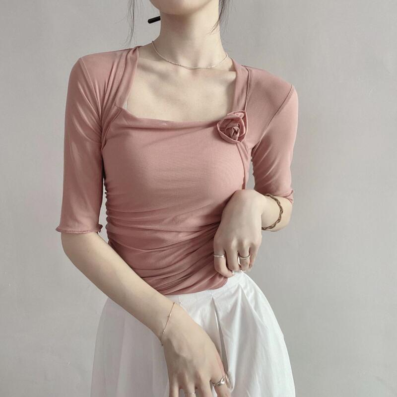 Mesh Bean Powder Handmade Rose Square Collar Mid-Sleeve Top Purple Pink Pleated Shoulder Clavicle Base Shirt