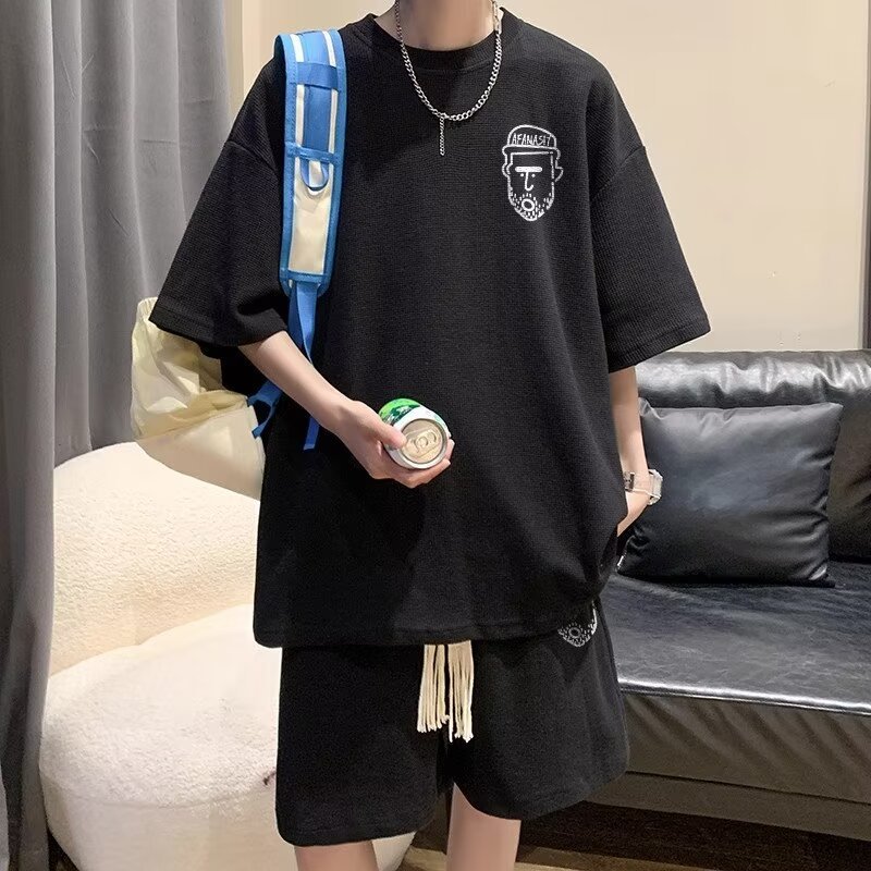 Hong Kong style waffle sports suit men's summer 2024 new youth fashion brand short sleeve shorts two-piece suit fashion