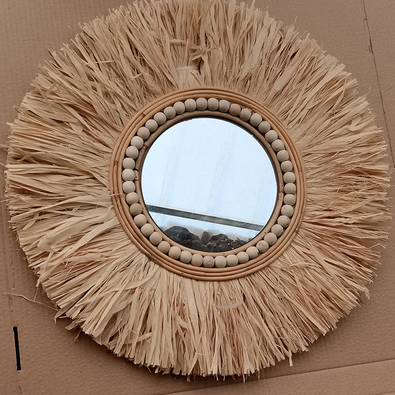 Colgante de decoración de pared de pared nórdica Dormitorio de paja Lafite Sala de estar Habitación de familia Espejo de pared Espejo de pared