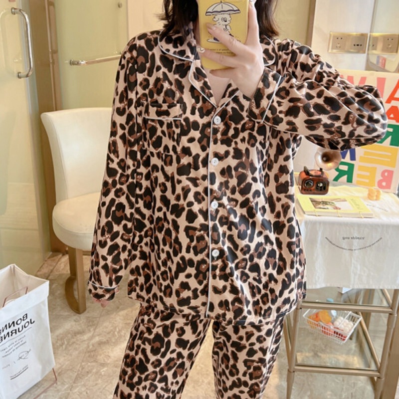 Southeast Asia Cross-border Spring and Autumn Long-sleeved Pants Pajamas Women's Loose Brown Leopard Print European and American Foreign Trade Home Clothes Large Size Southeast Asia Cross-border Spring and Autumn Long-sleeved Pants Pajamas Women's Loose Brown Leopard Print European and American Foreign Trade Home Clothes Large Size