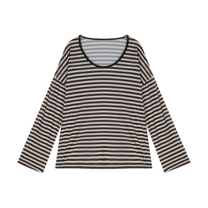 【工場現物】ストライプのリラックス感のある長袖tシャツ女性の夏のカジュアルな日焼け止めの女性の薄い長袖の上着
