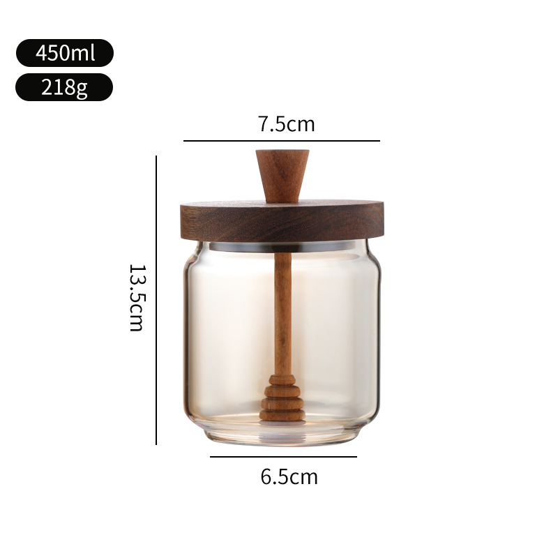 Tanque de almacenamiento de madera de acacia, tanque de miel, barra de mezcla transparente con tapa de borosilicato, tanque de vidrio sellado de almacenamiento de cocina