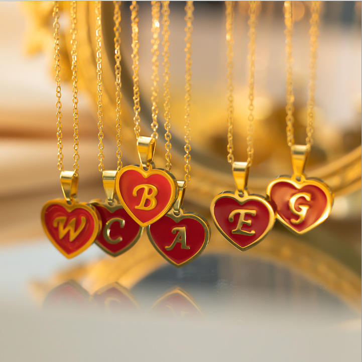Cross-Border Non-Fading Red Heart-Shaped Drip Glaze Pendant 26 English Letters Necklace Work Clothing Versatile Niche High-End Sense