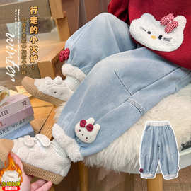 女童加绒牛仔裤2025卡通小猫花边加厚一体绒款保暖洋气时髦休闲裤