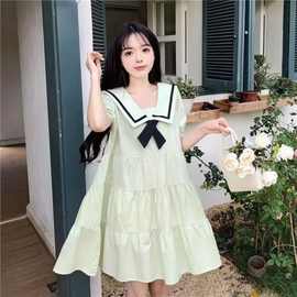 时尚海军领蝴蝶结果绿色连衣裙女夏季新款小个子宽松慵懒风短裙子
