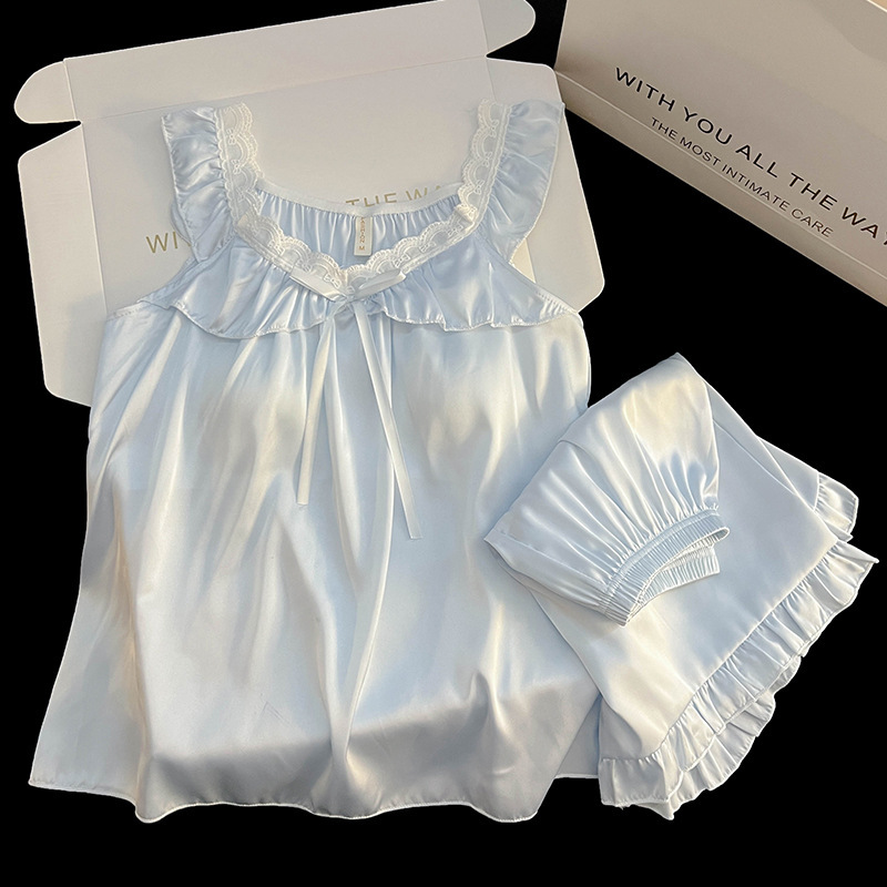 2026 High-End Style Ice Silk Pajamas with Fixed Chest Pads for Women, Summer Short-Sleeve Thin Lace Homewear Set