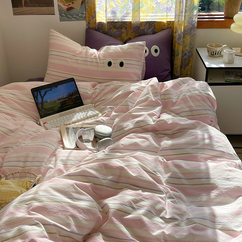 Minimalist Striped Cotton Bed Sheet Set, Yarn-dyed Four-piece_voghion.com